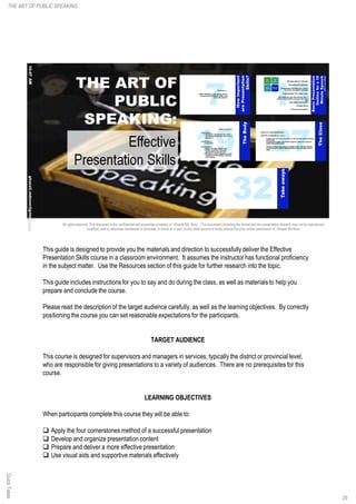 This guide is designed to provide you the materials and direction to successfully deliver the Effective
Presentation Skills course in a classroom environment. It assumes the instructor has functional proficiency
in the subject matter. Use the Resources section of this guide for further research into the topic.
This guide includes instructions for you to say and do during the class, as well as materials to help you
prepare and conclude the course.
Please read the description of the target audience carefully, as well as the learning objectives. By correctly
positioning the course you can set reasonable expectations for the participants.
TARGET AUDIENCE
This course is designed for supervisors and managers in services, typically the district or provincial level,
who are responsible for giving presentations to a variety of audiences. There are no prerequisites for this
course.
LEARNING OBJECTIVES
When participants complete this course they will be able to:
q Apply the four cornerstones method of a successful presentation
q Develop and organize presentation content
q Prepare and deliver a more effective presentation
q Use visual aids and supportive materials effectively
29
QuickTakesTHE ART OF PUBLIC SPEAKING
 