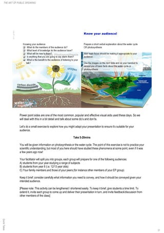 Power point sides are one of the most common, popular and effective visual aids used these days. So we
will deal with this in a bit detail and talk about some do’s and don’ts.
Let’s do a small exercise to explore how you might adapt your presentation to ensure it’s suitable for your
audience.
Take 5-20mins
You will be given information on photosynthesis or the water cycle. The point of this exercise is not to practice your
scientific understanding, but most of you here should have studied these phenomena at some point, even if it was
a few years ago now!
Your facilitator will split you into groups, each group will prepare for one of the following audiences:
A) students from your year studying a range of subjects
B) students from year 8 (i.e. 12/13 year olds)
C) Your family members and those of your peers (for instance other members of your EP group)
Keep it brief: consider carefully what information you need to convey, and how it should be conveyed given your
intended audience.
[Please note: This activity can be lengthened / shortened easily. To keep it brief, give students a time limit. To
extend it, invite each group to come up and deliver their presentation in turn, and invite feedback/discussion from
other members of the class]
QuickTakes
31
THE ART OF PUBLIC SPEAKING
 