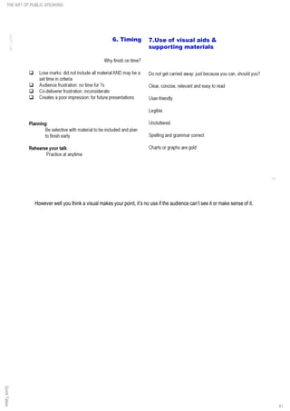 However well you think a visual makes your point, it’s no use if the audience can’t see it or make sense of it.
QuickTakesTHE ART OF PUBLIC SPEAKING
41
 