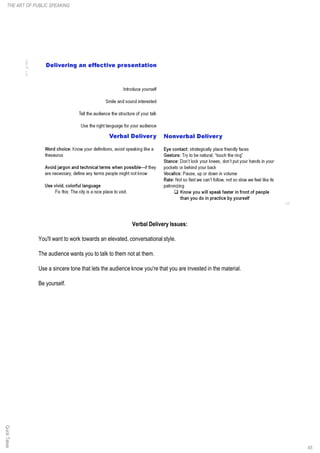 Verbal Delivery Issues:
You'll want to work towards an elevated, conversational style.
The audience wants you to talk to them not at them.
Use a sincere tone that lets the audience know you're that you are invested in the material.
Be yourself.
45
THE ART OF PUBLIC SPEAKINGQuickTakes
 