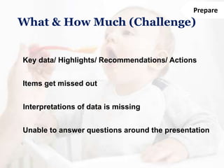 Prepare
What & How Much (Challenge)
Key data/ Highlights/ Recommendations/ Actions
Items get missed out
Interpretations of data is missing
Unable to answer questions around the presentation
 