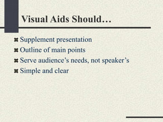 Visual Aids Should… 
Supplement presentation 
Outline of main points 
Serve audience’s needs, not speaker’s 
Simple and cl...