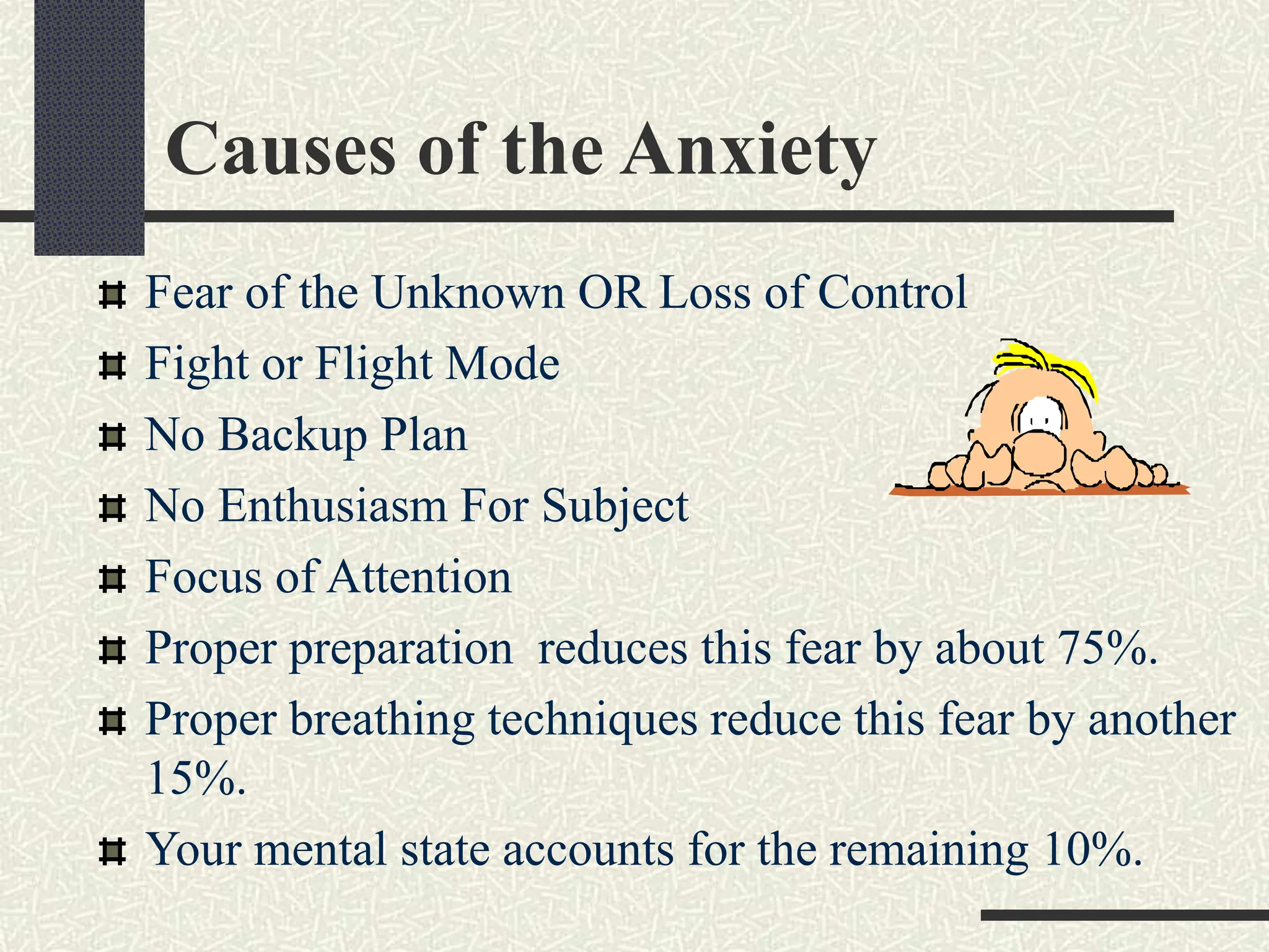 Causes of the Anxiety
Fear of the Unknown OR Loss of Control
Fight or Flight Mode
No Backup Plan
No Enthusiasm For Subject
Focus of Attention
Proper preparation reduces this fear by about 75%.
Proper breathing techniques reduce this fear by another
15%.
Your mental state accounts for the remaining 10%.
 