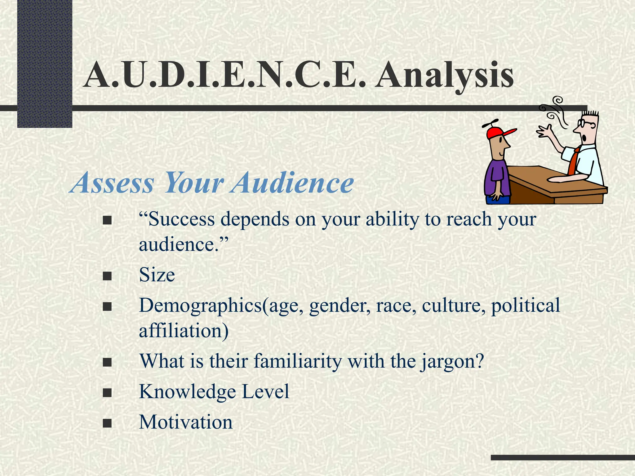 A.U.D.I.E.N.C.E. Analysis
Assess Your Audience
 “Success depends on your ability to reach your
audience.”
 Size
 Demographics(age, gender, race, culture, political
affiliation)
 What is their familiarity with the jargon?
 Knowledge Level
 Motivation
 