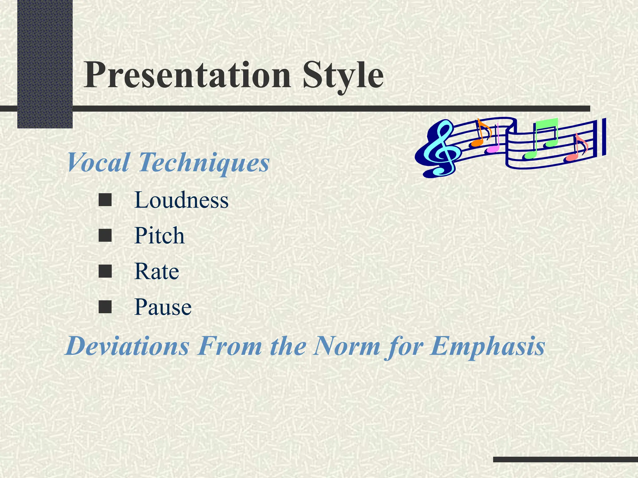 Presentation Style
Vocal Techniques
 Loudness
 Pitch
 Rate
 Pause
Deviations From the Norm for Emphasis
 