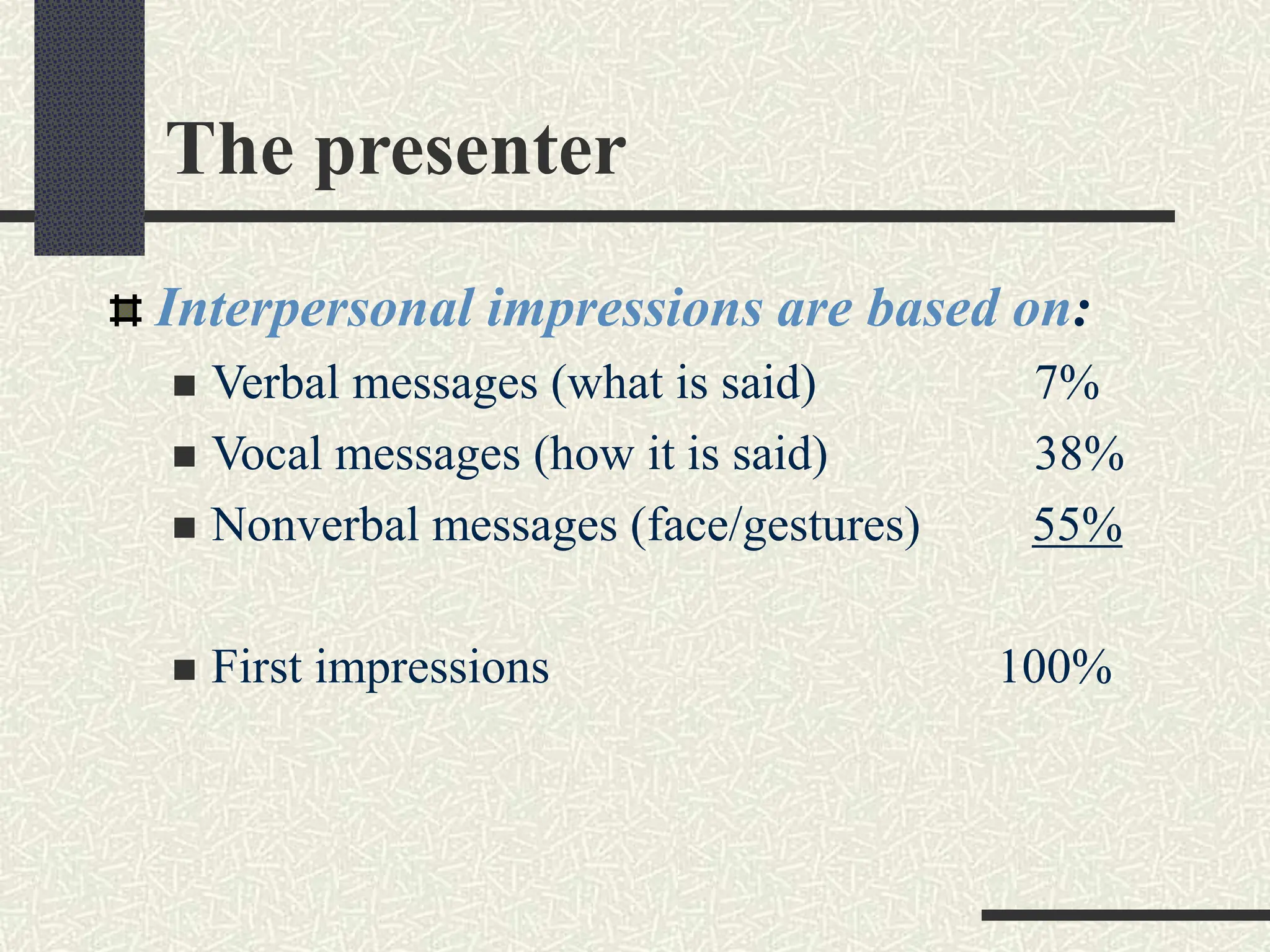 The presenter
Interpersonal impressions are based on:
 Verbal messages (what is said) 7%
 Vocal messages (how it is said) 38%
 Nonverbal messages (face/gestures) 55%
 First impressions 100%
 