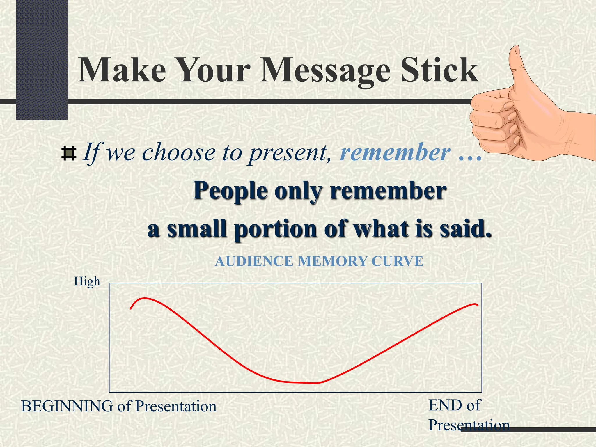 Make Your Message Stick
If we choose to present, remember …
People only remember
a small portion of what is said.
AUDIENCE MEMORY CURVE
High
BEGINNING of Presentation END of
Presentation
 