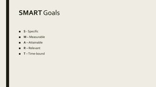 SMART Goals
■ S - Specific
■ M – Measurable
■ A – Attainable
■ R – Relevant
■ T –Time-bound
 
