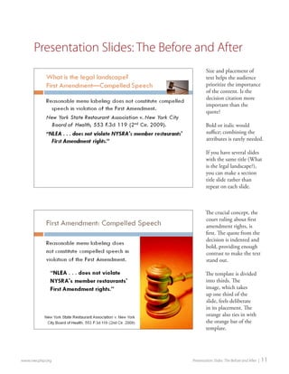 www.nwcphp.org Presentation Slides: The Before and After | 11 
Size and placement of text helps the audience prioritize the importance of the content. Is the decision citation more important than the quote? 
Bold or italic would suffice; combining the attributes is rarely needed. 
If you have several slides with the same title (What is the legal landscape?), you can make a section title slide rather than repeat on each slide. 
Presentation Slides: The Before and After 
The crucial concept, the court ruling about first amendment rights, is first. The quote from the decision is indented and bold, providing enough contrast to make the text stand out. 
The template is divided into thirds. The image, which takes up one third of the slide, feels deliberate in its placement. The orange also ties in with the orange bar of the template.  