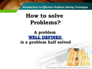 How to solve
Problems?
Knowledge is, turning high potential into high performance
A problem
WELL DEFINEDWELL DEFINED
is a problem half solved
Introduction to Effective Problem Solving Technique
 