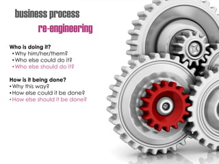 business process
re-engineering
Who is doing it?
•Why him/her/them?
•Who else could do it?
•Who else should do it?
How is it being done?
•Why this way?
•How else could it be done?
•How else should it be done?
 