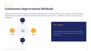 M O D U L E 1 0
Continuous Improvement Methods
Problem solving is not only about fixing issues but also about improving systems so similar problems do not occur again. Continuous improvement
methods help review past actions, identify what worked, and make adjustments for the future — establishing a continuous cycle of learning and
enhancement.
1
Review
2
Learn
3
Adjust
4
Sustain
PDCA
Loop
Why It Matters
Teams that build in continuous improvement stop repeating
the same fixes and instead build lasting, sustainable solutions
across projects.
Effective Problem Solving Certification Training • SterlingNext 13 / 15
 