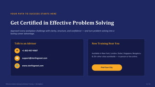 YOUR PATH TO SUCCESS STARTS HERE
Get Certified in Effective Problem Solving
Approach every workplace challenge with clarity, structure, and confidence — and turn problem solving into a
lasting career advantage.
Talk to an Advisor
☎ +1 832-957-9587
✉ support@sterlingnext.com
🌐 www.sterlingnext.com
Now Training Near You
Available in New York, London, Dubai, Singapore, Bengaluru
& 20+ other cities worldwide — in-person or live online.
Find Your City
Effective Problem Solving Certification Training • SterlingNext 15 / 15
 