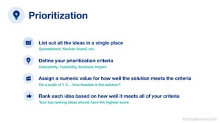 List out all the ideas in a single place
Deﬁne your prioritization criteria
Rank each idea based on how well it meets all ...