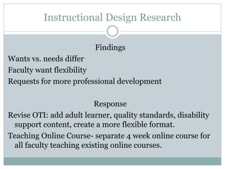 Instructional Design Research
Findings
Wants vs. needs differ
Faculty want flexibility
Requests for more professional development
Response
Revise OTI: add adult learner, quality standards, disability
support content, create a more flexible format.
Teaching Online Course- separate 4 week online course for
all faculty teaching existing online courses.
 