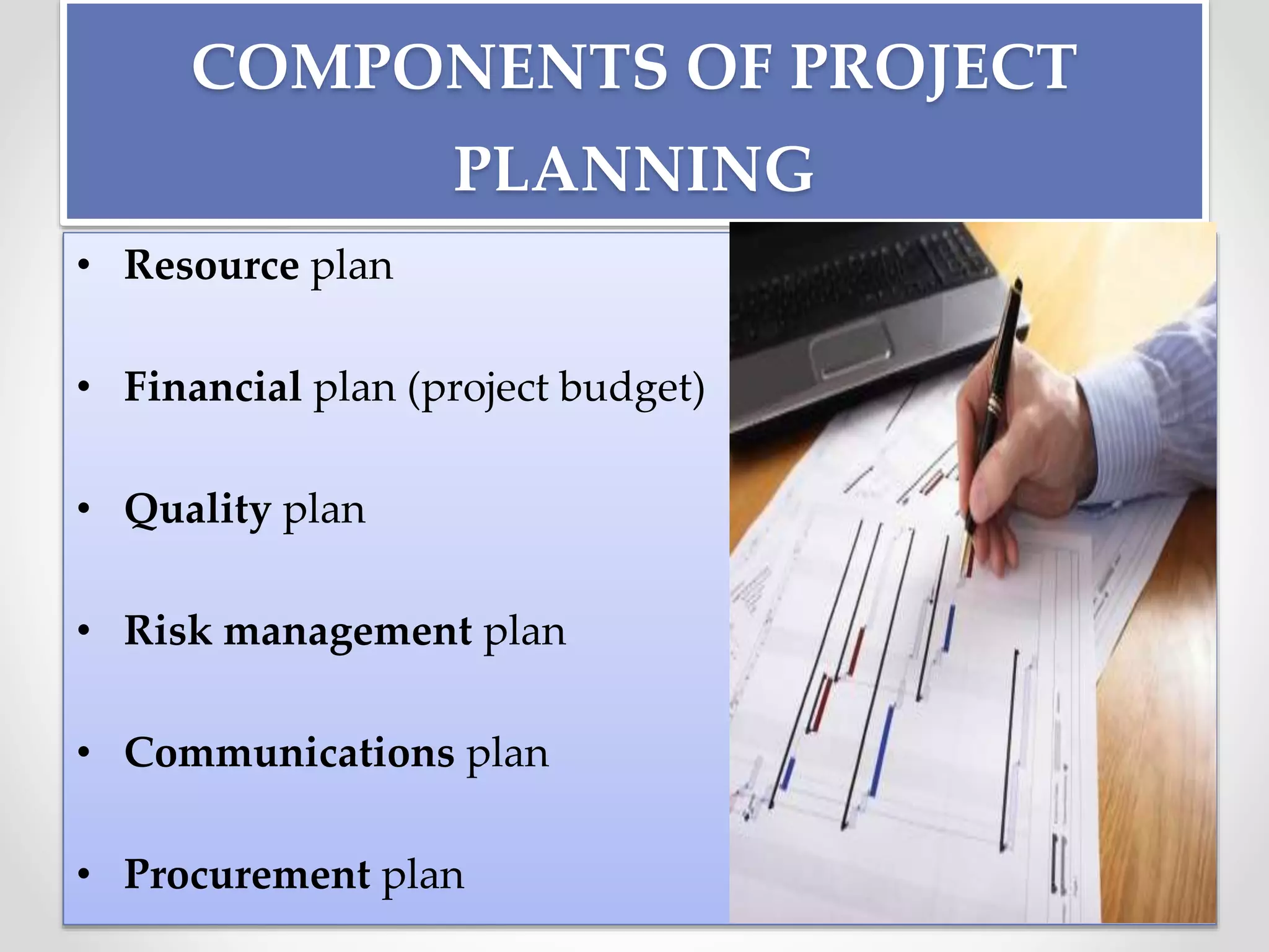 COMPONENTS OF PROJECT
PLANNING
• Resource plan
• Financial plan (project budget)
• Quality plan
• Risk management plan
• Communications plan
• Procurement plan
 
