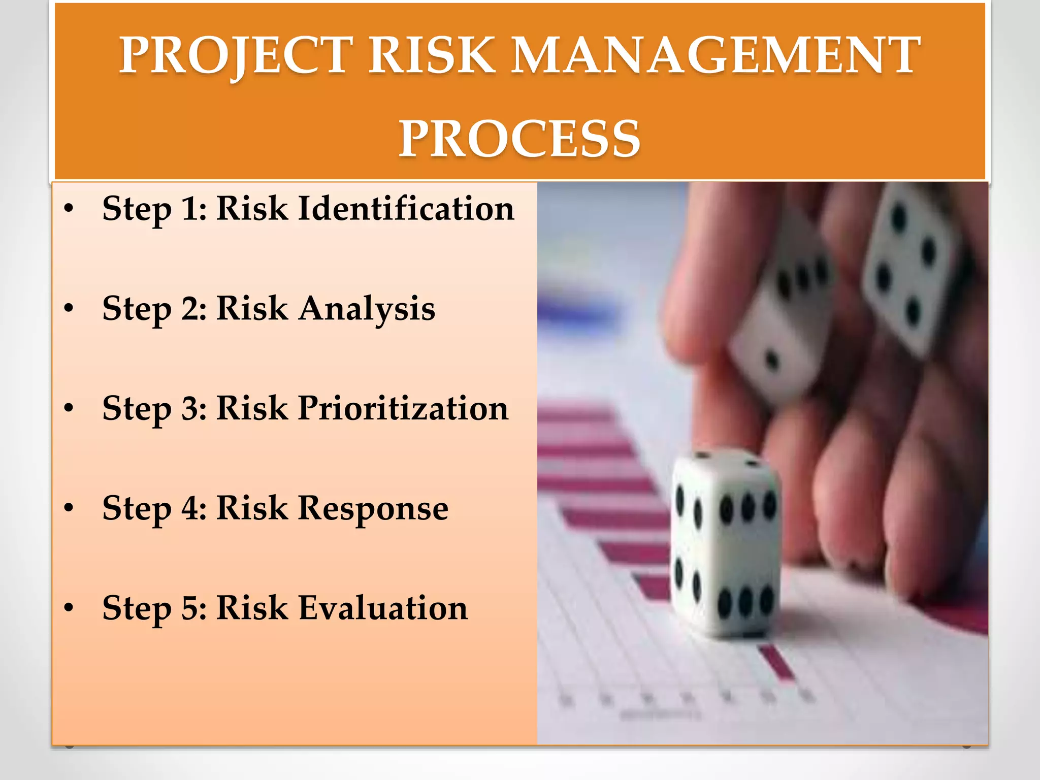 PROJECT RISK MANAGEMENT
PROCESS
• Step 1: Risk Identification
• Step 2: Risk Analysis
• Step 3: Risk Prioritization
• Step 4: Risk Response
• Step 5: Risk Evaluation
 