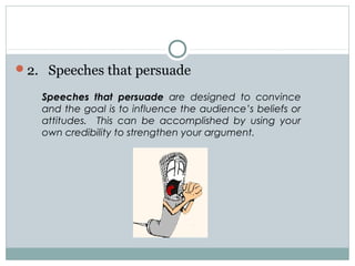 2. Speeches that persuade
Speeches that persuade are designed to convince
and the goal is to influence the audience’s beliefs or
attitudes. This can be accomplished by using your
own credibility to strengthen your argument.

 