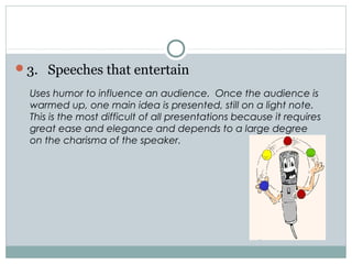 3. Speeches that entertain
Uses humor to influence an audience. Once the audience is
warmed up, one main idea is presented, still on a light note.
This is the most difficult of all presentations because it requires
great ease and elegance and depends to a large degree
on the charisma of the speaker.

 