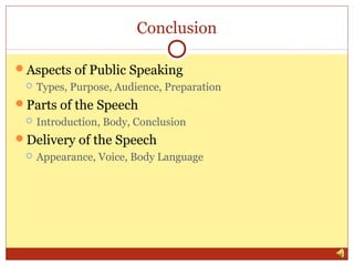 Conclusion
Aspects of Public Speaking


Types, Purpose, Audience, Preparation

Parts of the Speech


Introduction, Body, Conclusion

Delivery of the Speech


Appearance, Voice, Body Language

 