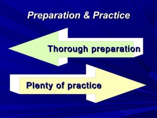 Preparation & PracticePreparation & Practice
Thorough preparationThorough preparation
Plenty of practicePlenty of practice
 