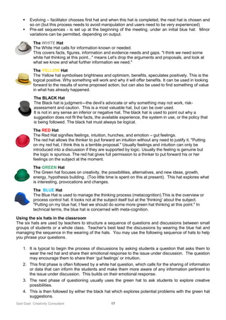 Ged Gast Creativity Consultant 17
 Evolving – facilitator chooses first hat and when this hat is completed, the next hat is chosen and
so on (but this process needs to avoid manipulation and users need to be very experienced)
 Pre-set sequences - is set up at the beginning of the meeting, under an initial blue hat. Minor
variations can be permitted, depending on output.
The WHITE Hat
The White Hat calls for information known or needed.
This covers facts, figures, information and evidence needs and gaps. "I think we need some
white hat thinking at this point..." means Let's drop the arguments and proposals, and look at
what we know and what further information we need."
The YELLOW Hat
The Yellow hat symbolises brightness and optimism, benefits, speculates positively. This is the
logical positive. Why something will work and why it will offer benefits. It can be used in looking
forward to the results of some proposed action, but can also be used to find something of value
in what has already happened.
The BLACK Hat
The Black hat is judgment—the devil’s advocate or why something may not work, risk-
assessment and caution. This is a most valuable hat, but can be over used.
It is not in any sense an inferior or negative hat. The black hat is used to point out why a
suggestion does not fit the facts, the available experience, the system in use, or the policy that
is being followed. The black hat must always be logical.
The RED Hat
The Red Hat signifies feelings, intuition, hunches, and emotion – gut feelings.
The red hat allows the thinker to put forward an intuition without any need to justify it. "Putting
on my red hat, I think this is a terrible proposal." Usually feelings and intuition can only be
introduced into a discussion if they are supported by logic. Usually the feeling is genuine but
the logic is spurious. The red hat gives full permission to a thinker to put forward his or her
feelings on the subject at the moment.
The GREEN Hat
The Green hat focuses on creativity, the possibilities, alternatives, and new ideas, growth,
energy, hypothesis building. (Too little time is spent on this at present). This hat explores what
is interesting, provocations and changes.
The BLUE Hat
The Blue Hat is used to manage the thinking process (metacognition).This is the overview or
process control hat. It looks not at the subject itself but at the 'thinking' about the subject.
"Putting on my blue hat, I feel we should do some more green hat thinking at this point." In
technical terms, the blue hat is concerned with meta-cognition.
Using the six hats in the classroom
The six hats are used by teachers to structure a sequence of questions and discussions between small
groups of students or a whole class. Teacher’s best lead the discussions by wearing the blue hat and
managing the sequence in the wearing of the hats. You may use the following sequence of hats to help
you phrase your questions.
1. It is typical to begin the process of discussions by asking students a question that asks them to
wear the red hat and share their emotional response to the issue under discussion. The question
may encourage them to share their ‘gut feelings’ or intuition.
2. This first phase is often followed by a white hat question, which calls for the sharing of information
or data that can inform the students and make them more aware of any information pertinent to
the issue under discussion. This builds on their emotional response.
3. The next phase of questioning usually uses the green hat to ask students to explore creative
possibilities.
4. This is then followed by either the black hat which explores potential problems with the green hat
suggestions.
 