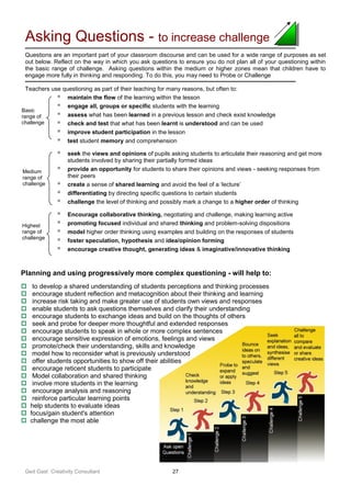 Ged Gast Creativity Consultant 27
Asking Questions - to increase challenge
Questions are an important part of your classroom discourse and can be used for a wide range of purposes as set
out below. Reflect on the way in which you ask questions to ensure you do not plan all of your questioning within
the basic range of challenge. Asking questions within the medium or higher zones mean that children have to
engage more fully in thinking and responding. To do this, you may need to Probe or Challenge
Teachers use questioning as part of their teaching for many reasons, but often to:
 maintain the flow of the learning within the lesson
 engage all, groups or specific students with the learning
 assess what has been learned in a previous lesson and check exist knowledge
 check and test that what has been learnt is understood and can be used
 improve student participation in the lesson
 test student memory and comprehension
 seek the views and opinions of pupils asking students to articulate their reasoning and get more
students involved by sharing their partially formed ideas
 provide an opportunity for students to share their opinions and views - seeking responses from
their peers
 create a sense of shared learning and avoid the feel of a ‘lecture’
 differentiating by directing specific questions to certain students
 challenge the level of thinking and possibly mark a change to a higher order of thinking
 Encourage collaborative thinking, negotiating and challenge, making learning active
 promoting focused individual and shared thinking and problem-solving dispositions
 model higher order thinking using examples and building on the responses of students
 foster speculation, hypothesis and idea/opinion forming
 encourage creative thought, generating ideas & imaginative/innovative thinking
Planning and using progressively more complex questioning - will help to:
 to develop a shared understanding of students perceptions and thinking processes
 encourage student reflection and metacognition about their thinking and learning
 increase risk taking and make greater use of students own views and responses
 enable students to ask questions themselves and clarify their understanding
 encourage students to exchange ideas and build on the thoughts of others
 seek and probe for deeper more thoughtful and extended responses
 encourage students to speak in whole or more complex sentences
 encourage sensitive expression of emotions, feelings and views
 promote/check their understanding, skills and knowledge
 model how to reconsider what is previously understood
 offer students opportunities to show off their abilities
 encourage reticent students to participate
 Model collaboration and shared thinking
 involve more students in the learning
 encourage analysis and reasoning
 reinforce particular learning points
 help students to evaluate ideas
 focus/gain student's attention
 challenge the most able
Basic
range of
challenge
Medium
range of
challenge
Highest
range of
challenge
 