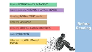 Review HEADINGS and SUBHEADINGS.
Glance over any PICTURES, CHARTS or GRAPHS
Read any BOLD or ITALIC words
Read the COMPREHENSION QUESTIONS.
Make PREDICTION
Before
Reading
What are the MAIN IDEA and
DETAIL?
Read the SUMMARY
 