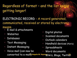 Regardless of format – and the list keeps getting longer! ELECTRONIC RECORD  - A record generated, communicated, received or stored by electronic means. E-mail & attachments Websites Databases Text Messaging  Instant Messaging Voice mail (can now be converted to e-mail) Digital photos Scanned documents Outlook calendars Handheld devices  (PDA’s) Spreadsheets Word documents Wiki’s, Blogs, Twitter 