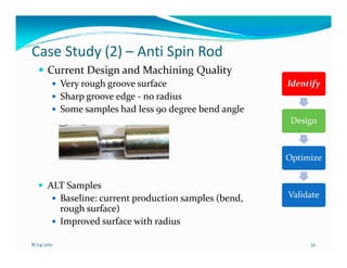 Case Study (2) – Anti Spin Rod
      Current Design and Machining Quality
            Very rough groove surface                    Identify
            Sharp groove edge - no radius
            Some samples had less 90 degree bend angle
                                                          Design



                                                         Optimize


      ALT Samples
        Baseline: current production samples (bend,      Validate
        rough surface)
        Improved surface with radius

8/24/2011                                                     32
 