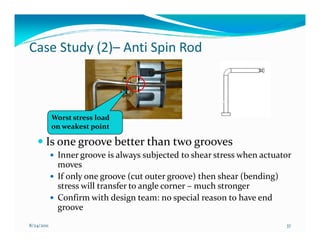 Case Study (2)– Anti Spin Rod



            Worst stress load
            on weakest point

       Is one groove better than two grooves
             Inner groove is always subjected to shear stress when actuator
             moves
             If only one groove (cut outer groove) then shear (bending)
             stress will transfer to angle corner – much stronger
             Confirm with design team: no special reason to have end
             groove
8/24/2011                                                                37
 