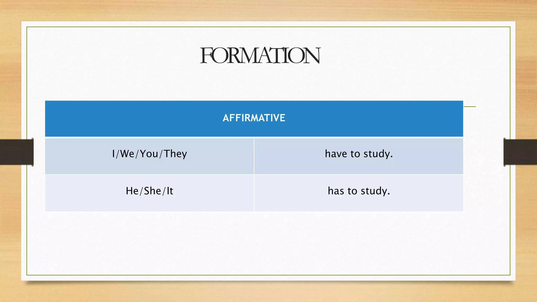 FORMATION
AFFIRMATIVE
I/We/You/They have to study.
He/She/It has to study.
 