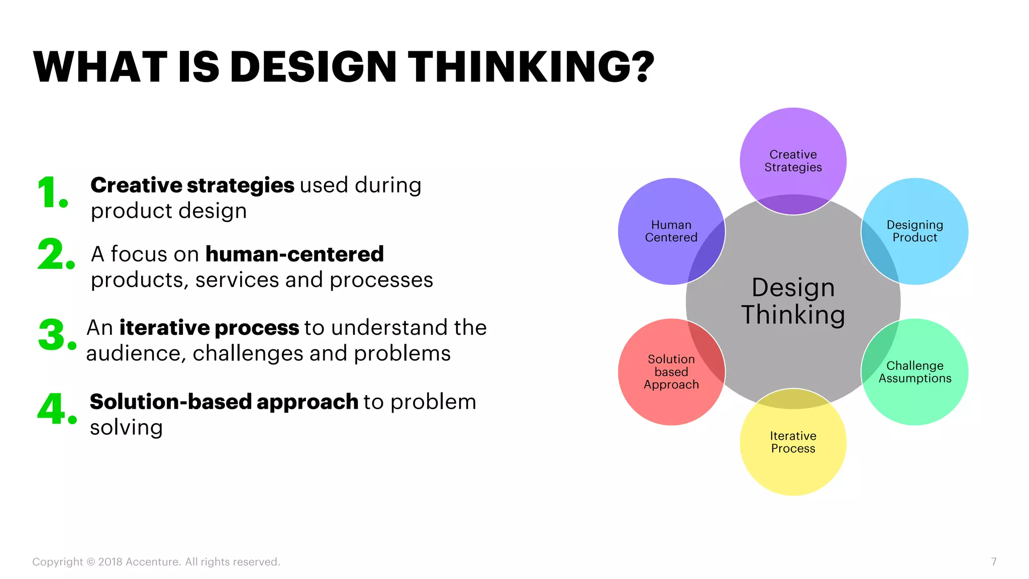 WHAT IS DESIGN THINKING?
Copyright © 2018 Accenture. All rights reserved. 7
Design
Thinking
Creative
Strategies
Designing
Product
Challenge
Assumptions
Iterative
Process
Solution
based
Approach
Human
Centered
1. Creative strategies used during
product design
2. A focus on human-centered
products, services and processes
3. An iterative process to understand the
audience, challenges and problems
4. Solution-based approach to problem
solving
 