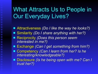 What Attracts Us to People in Our Everyday Lives? Attractiveness   (Do I like the way he looks?) Similarity   (Do I share anything with her?) Reciprocity   (Does this person seem interested in me?) Exchange   (Can I get something from him?) Competency   (Can I learn from her? Is he interesting/knowledgeable?) Disclosure   (Is he being open with me? Can I trust her?) 