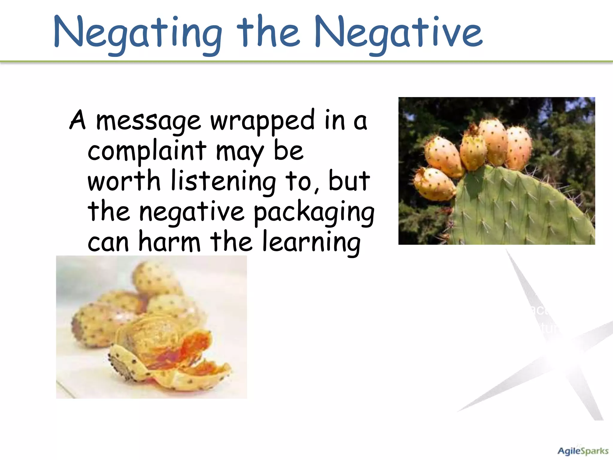 Negating the Negative

A message wrapped in a
 complaint may be
 worth listening to, but
 the negative packaging
 can harm the learning
 process
                  Retrospective format should use activities
                  which try to diffuse the negative nature
                                           of complaints ..
 