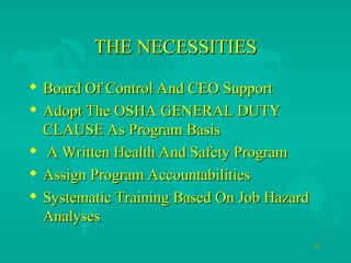 11
11
THE NECESSITIES
THE NECESSITIES
 Board Of Control And CEO Support
Board Of Control And CEO Support
 Adopt The OSHA GENERAL DUTY
Adopt The OSHA GENERAL DUTY
CLAUSE As Program Basis
CLAUSE As Program Basis
 A Written Health And Safety Program
A Written Health And Safety Program
 Assign Program Accountabilities
Assign Program Accountabilities
 Systematic Training Based On Job Hazard
Systematic Training Based On Job Hazard
Analyses
Analyses
 