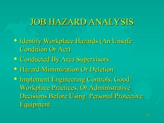 12
12
JOB HAZARD ANALYSIS
JOB HAZARD ANALYSIS
 Identify Workplace Hazards (An Unsafe
Identify Workplace Hazards (An Unsafe
Condition Or Act)
Condition Or Act)
 Conducted By Area Supervisors
Conducted By Area Supervisors
 Hazard Minimization Or Deletion
Hazard Minimization Or Deletion
 Implement Engineering Controls, Good
Implement Engineering Controls, Good
Workplace Practices, Or Administrative
Workplace Practices, Or Administrative
Decisions Before Using Personal Protective
Decisions Before Using Personal Protective
Equipment
Equipment
 