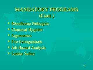 15
15
MANDATORY PROGRAMS
MANDATORY PROGRAMS
(Cont.)
(Cont.)
 Bloodborne Pathogens
Bloodborne Pathogens
 Chemical Hygiene
Chemical Hygiene
 Ergonomics
Ergonomics
 Fire Extinguishers
Fire Extinguishers
 Job Hazard Analysis
Job Hazard Analysis
 Ladder Safety
Ladder Safety
 