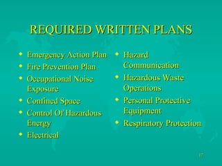 17
17
REQUIRED WRITTEN PLANS
REQUIRED WRITTEN PLANS
 Emergency Action Plan
Emergency Action Plan
 Fire Prevention Plan
Fire Prevention Plan
 Occupational Noise
Occupational Noise
Exposure
Exposure
 Confined Space
Confined Space
 Control Of Hazardous
Control Of Hazardous
Energy
Energy
 Electrical
Electrical
 Hazard
Hazard
Communication
Communication
 Hazardous Waste
Hazardous Waste
Operations
Operations
 Personal Protective
Personal Protective
Equipment
Equipment
 Respiratory Protection
Respiratory Protection
 