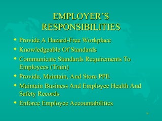6
6
EMPLOYER’S
EMPLOYER’S
RESPONSIBILITIES
RESPONSIBILITIES
 Provide A Hazard-Free Workplace
Provide A Hazard-Free Workplace
 Knowledgeable Of Standards
Knowledgeable Of Standards
 Communicate Standards Requirements To
Communicate Standards Requirements To
Employees (Train)
Employees (Train)
 Provide, Maintain, And Store PPE
Provide, Maintain, And Store PPE
 Maintain Business And Employee Health And
Maintain Business And Employee Health And
Safety Records
Safety Records
 Enforce Employee Accountabilities
Enforce Employee Accountabilities
 