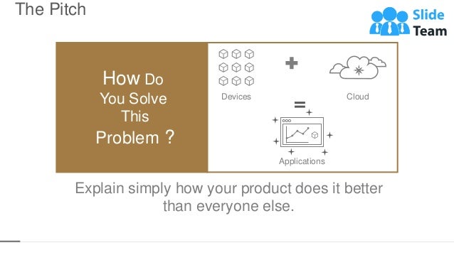The Pitch
12
Explain simply how your product does it better
than everyone else.
How Do
You Solve
This
Problem ?
Devices Cloud
Applications
 