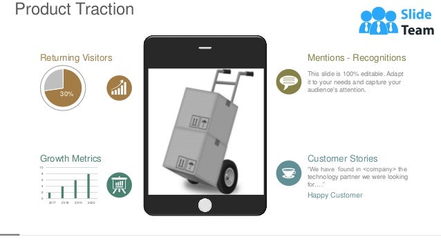 Product Traction
26
Returning Visitors
30%
Growth Metrics
0
2
4
6
8
10
2017 2018 2019 2020
Mentions - Recognitions
This slide is 100% editable. Adapt
it to your needs and capture your
audience's attention.
Customer Stories
“We have found in <company> the
technology partner we were looking
for….”
Happy Customer
 