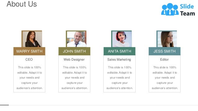 JESS SMITH
This slide is 100%
editable. Adapt it to
your needs and
capture your
audience's attention.
Editor
MARRY SMITH
This slide is 100%
editable. Adapt it to
your needs and
capture your
audience's attention.
CEO
JOHN SMITH
This slide is 100%
editable. Adapt it to
your needs and
capture your
audience's attention.
Web Designer
ANITA SMITH
This slide is 100%
editable. Adapt it to
your needs and
capture your
audience's attention.
Sales Marketing
About Us
40
 