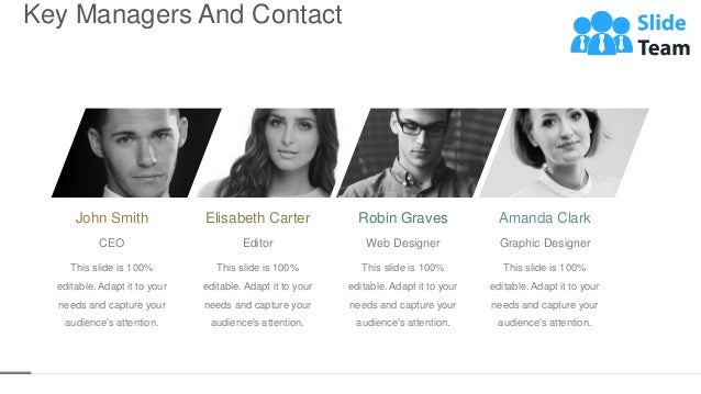 Key Managers And Contact
5
This slide is 100%
editable. Adapt it to your
needs and capture your
audience's attention.
Elisabeth Carter
Editor
This slide is 100%
editable. Adapt it to your
needs and capture your
audience's attention.
Amanda Clark
Graphic Designer
This slide is 100%
editable. Adapt it to your
needs and capture your
audience's attention.
John Smith
CEO
This slide is 100%
editable. Adapt it to your
needs and capture your
audience's attention.
Robin Graves
Web Designer
 