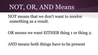 NOT, OR, AND Means 
NOT means that we don’t want to receive 
something as a result. 
OR means we want EITHER thing 1 or thing 2. 
AND means both things have to be present 
 