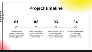 Project timeline
Conduct market
research and analyze
the target audience to
identify opportunities
Create the product or
service by defining
features, design, and
functionality
Test the product with a
group of users to
receive feedback and
improve the product
Explore opportunities
for growth and
expansion of the
product or service
01 02 03 04
 
