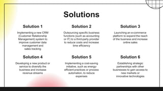 Solutions
Implementing a new CRM
(Customer Relationship
Management) system to
improve customer data
management and
sales tracking
Outsourcing specific business
functions (such as accounting
or IT) to a third-party provider
to reduce costs and increase
time efficiency
Developing a new product or
service to diversify the
business and increase
revenue streams
Implementing a cost-saving
initiative, such as energy-
efficient practices or process
automation, to reduce
expenses
Solution 1 Solution 2 Solution 3
Launching an e-commerce
platform to expand the reach
of the business and increase
online sales
Establishing strategic
partnerships with other
businesses to gain access to
new markets or
innovative technologies
Solution 4 Solution 5 Solution 6
 