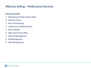 Effective Selling – Professional Services
Discussion points
1. Marketing and Sales Process Map
2. Need for Vision
3. Role ...