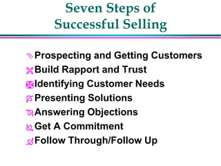 Seven Steps of
Successful Selling
Prospecting and Getting Customers
Build Rapport and Trust
Identifying Customer Needs
Presenting Solutions
Answering Objections
Get A Commitment
Follow Through/Follow Up
 