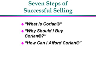Seven Steps of
Successful Selling
“What is Corian®”
“Why Should I Buy
Corian®?”
“How Can I Afford Corian®”
 